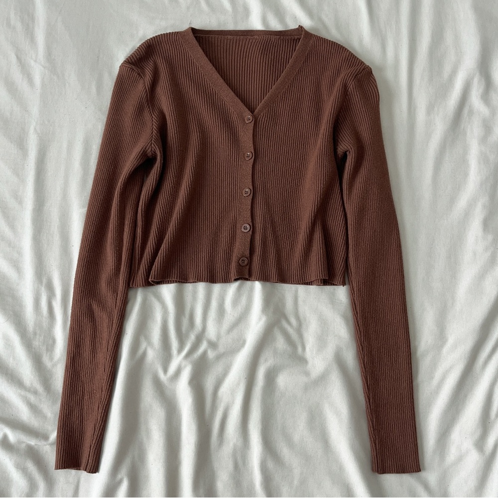 Brown Cropped Long Sleeve Button-Up Top